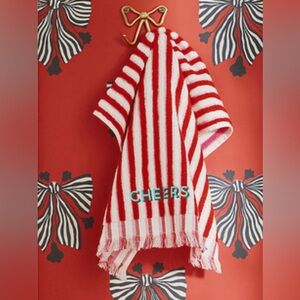 New! NWT Anthropologie Holiday Striped Embroidered Hand Towel in red.